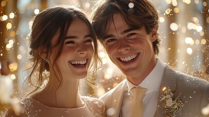 Joyful Bride and Groom Walking Through Confetti