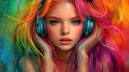 Fototapeta premium Colorful Portrait of a Girl with Headphones and Joy