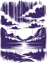 Purple linocut print depicting a mysterious mountain landscape with a lake at dusk conveying an atmosphere of tranquility and mysticism