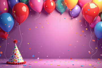 Birthday card with a pink background, multicolored balloons, and a party hat with red, yellow, green, and blue polka dots.