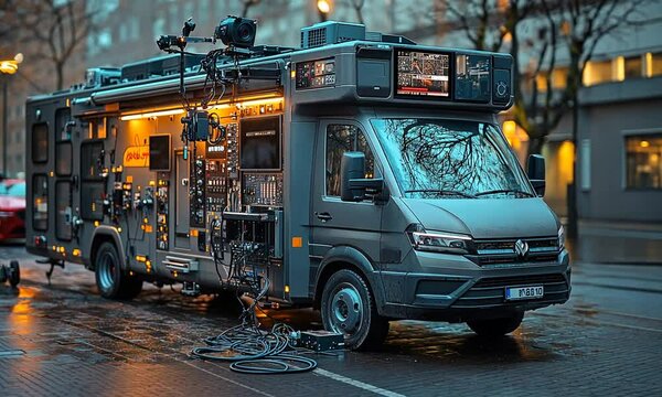 A high-tech mobile production vehicle equipped for broadcasting and filming.