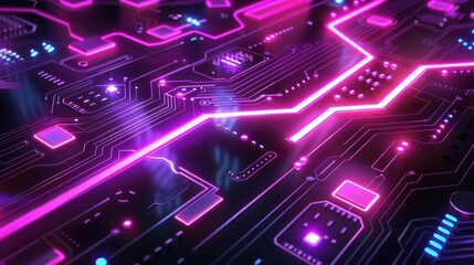 Glowing neon circuit board against a dark background