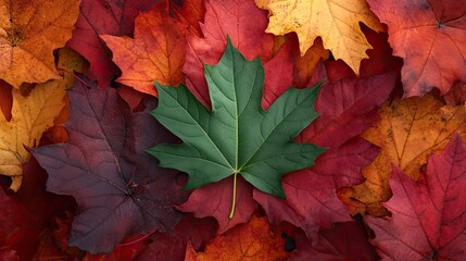 Fototapeta premium Green Leaf Surrounded by Colorful Autumn Leaves