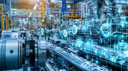 Fototapeta premium A futuristic industrial scene with machinery and digital overlays representing technology.