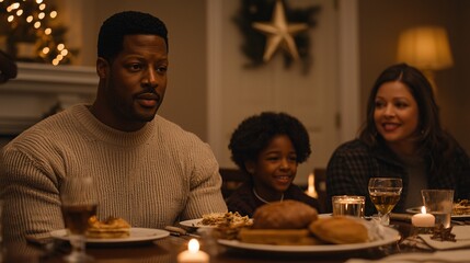 Family Gathering During Festive Dinner Celebration with Joyful Expressions and Delicious Food on Table Surrounded by Warm Candlelight and Holiday Decorations