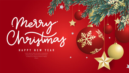 Merry Christmas handwriting on red background with Christmas ball  , element in Christmas holiday , Flat Modern design , illustration Vector EPS 10