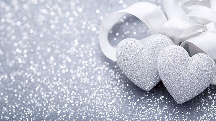 Fototapeta premium Sparkling Silver Hearts on Shimmering Background with Elegant Satin Ribbon Perfect for Valentine's Day, Romantic Celebrations, or Wedding Decorations