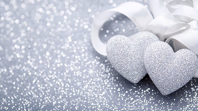 Sparkling Silver Hearts on Shimmering Background with Elegant Satin Ribbon Perfect for Valentine's Day, Romantic Celebrations, or Wedding Decorations