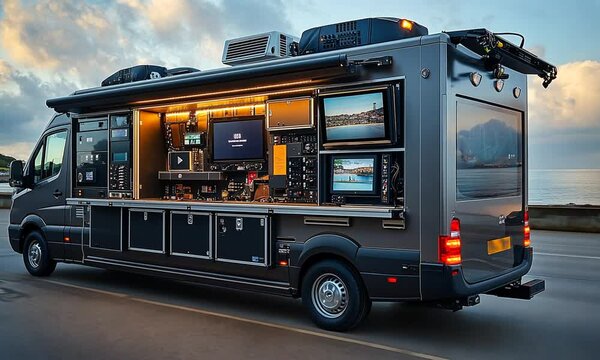 A mobile production van equipped with screens and broadcasting equipment.