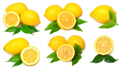 Fototapeta premium Fresh lemon with leaf slices collection isolated on white background. Citrus fruit