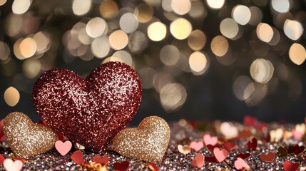 Glittering heart decorations romantic setting event imagery intimate environment close-up view love concept for celebrations