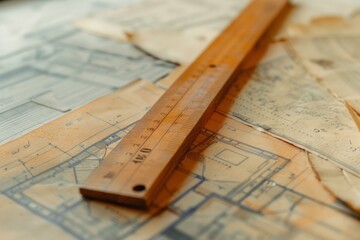 Wooden ruler lying on old technical drawings, creating a nostalgic atmosphere of engineering and design