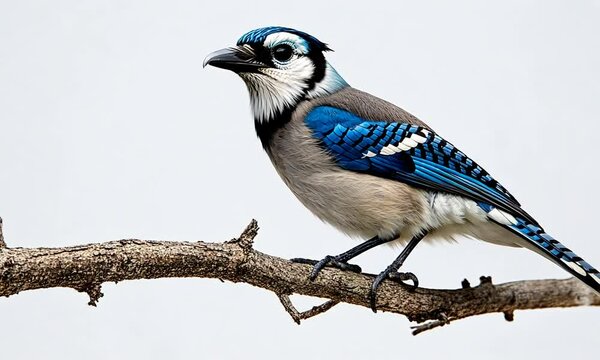 Vibrant Blue Jay perched gracefully on a branch against a light gray sky, showcasing its striking blue plumage and bold features in a serene natural setting
