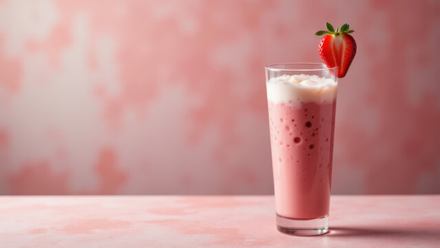 A refreshing glass of strawberry pink matcha latte with a single fresh strawberry garnish on top, served on a table draped with a soft pink cloth.