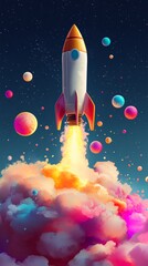 Rocket launching into colorful nebula with planets and stars