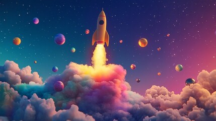 Fototapeta premium Rocket launching from colorful clouds towards planets and stars