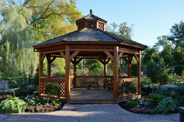 Naklejka premium Empty wooden gazebo with a bench inside, surrounded by lush greenery and colorful flowers