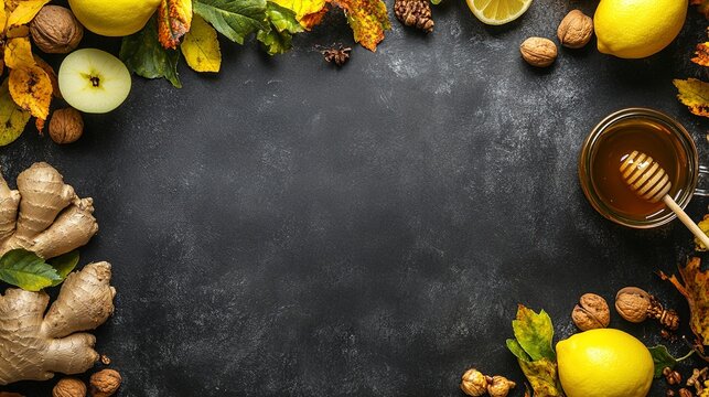 Honey background. Honey in pot with apples, lemon , ginger and nuts. On a black chalkboard. Copy space.