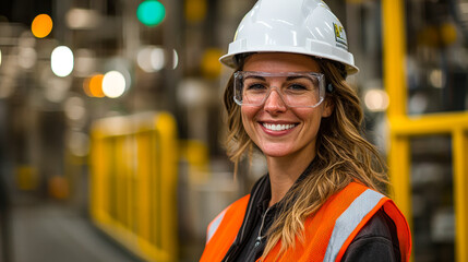 A cheerful female worker in safety equipment stands proudly in an industrial setting filled with machinery and equipment