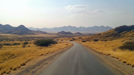 Fototapeta premium Driving on a new modern asphalt road in Damaraland, road perspective in the desert, Namibia, Africa.