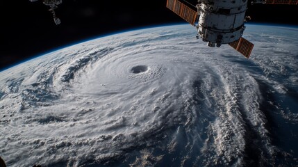 Obraz premium International space station orbiting above hurricane eye over planet earth