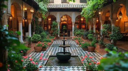Fototapeta premium A tranquil courtyard with a fountain, surrounded by lush greenery and ornate columns.