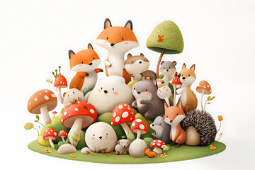 Fototapeta premium whimsical scene featuring family of tiny woodland animals, including foxes, hedgehogs, and various cute creatures surrounded by colorful mushrooms and greenery. This enchanting illustration captures