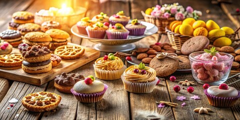 A delightful spread of sweet treats, featuring cupcakes, cookies, and other delectable confections, all arranged on a rustic wooden table