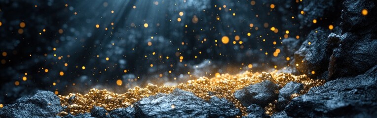 Obraz premium Light filtering through dust as ore is extracted from a rocky wall in a mining site