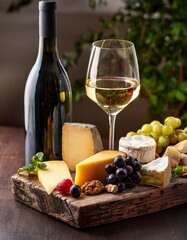 Sophisticated Wine and Cheese Pairing With a Selection of Fine Wines, Artisan Cheeses, Fresh Fruits, and Herb Garnishes for a Luxurious Dining Experience
