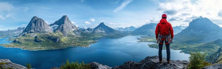 An alpine climber stands at the cliff's edge, admiring the stunning valley below