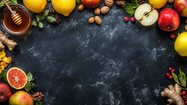Honey background. Honey in pot with apples, lemon , ginger and nuts. On a black chalkboard. Copy space.