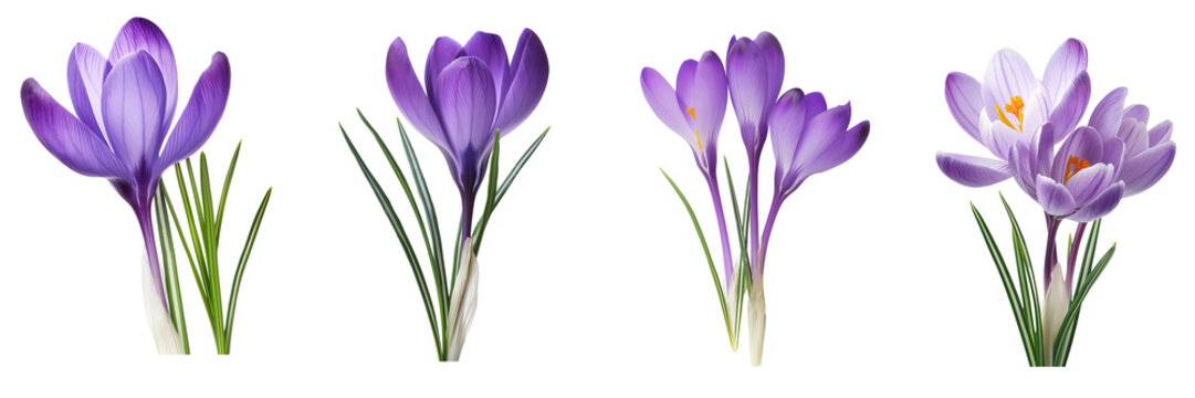 Purple crocus flower isolated on white or transparent background, cutout PNG