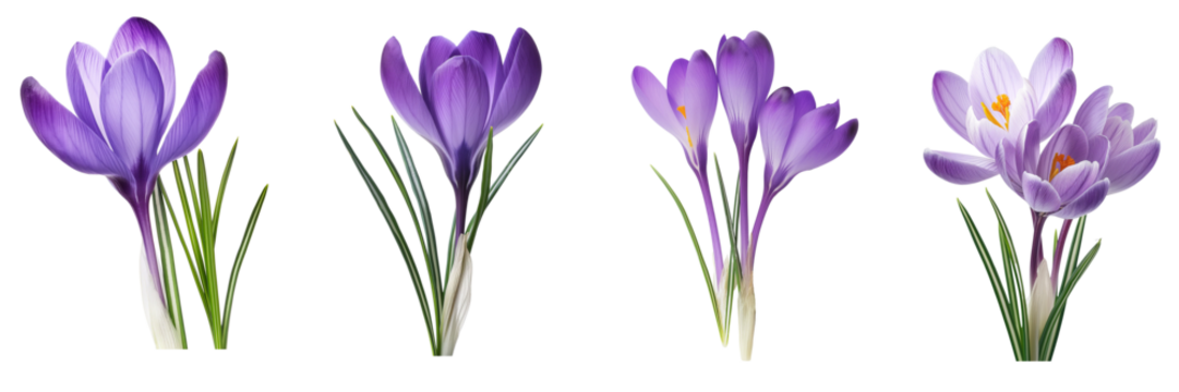 Purple crocus flower isolated on white or transparent background, cutout PNG