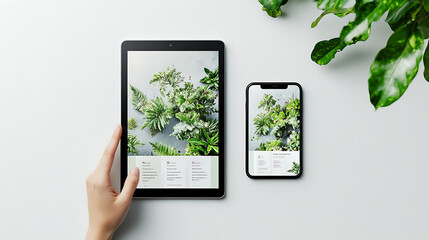 Fototapeta premium flat lay image of digital tablet and smartphone displaying lush green plants, showcasing modern technology and nature beauty