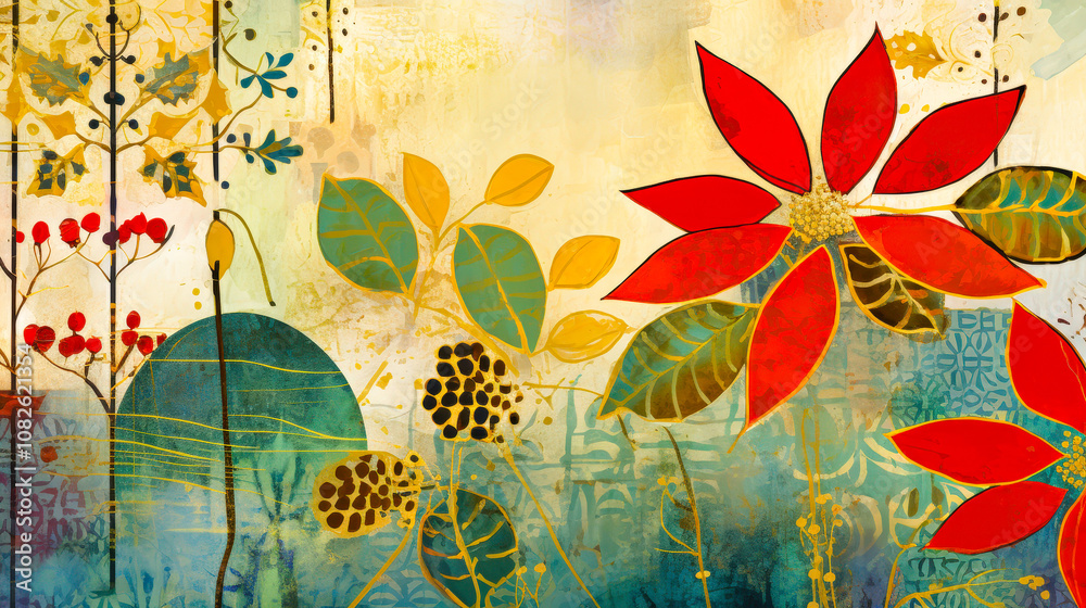 Aufkleber A colorful composition displays red flowers and green foliage surrounded by soft hues and intricate patterns, creating an engaging visual