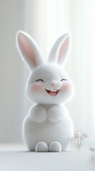 Obraz premium Adorable white fluffy bunny smiling and showing teeth