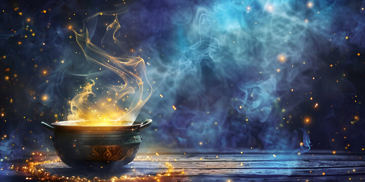 Spell casting witchcraft template -  Witch's cauldron with ethereal golden mist and blue smokey background and copy space for spiritual message
