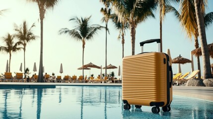 Yellow suitcase on wheels positioned beside a swimming pool, with palm trees and sun loungers in the background under a clear sky.