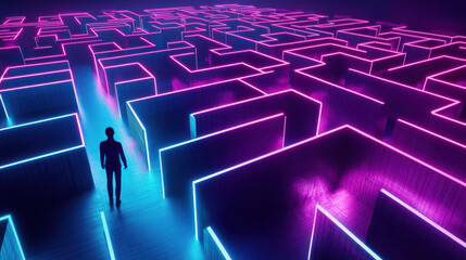 Enigmatic Neon Maze with Glowing Pathways and a Solitary Figure Navigating Through a Futuristic Cyber Landscape