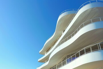 Modern white building with wavy balconies is standing tall under a bright blue sky