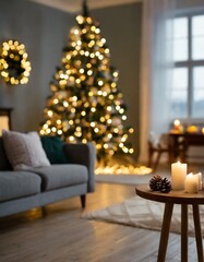 Tło świąteczne salon z udekorowany choinką i lampkami