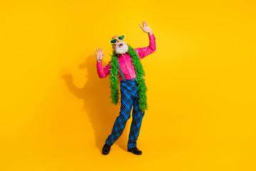 Full size photo of pensioner mister look up empty space dance boa wear pink shirt retro plaid pants classy garment on yellow background