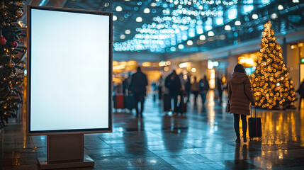 Travelers navigate through a busy airport adorned with twinkling lights and a blank advertising display, creating a festive atmosphere
