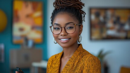 A smiling woman with glasses in a stylish outfit, holding a phone in a modern setting.