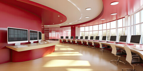 modern group computer in red and cream computer lab neatly with curved elegant desk 