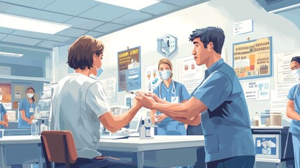 Obraz premium A male nurse giving a female patient a vaccination in a clinic with other nurses in the background.