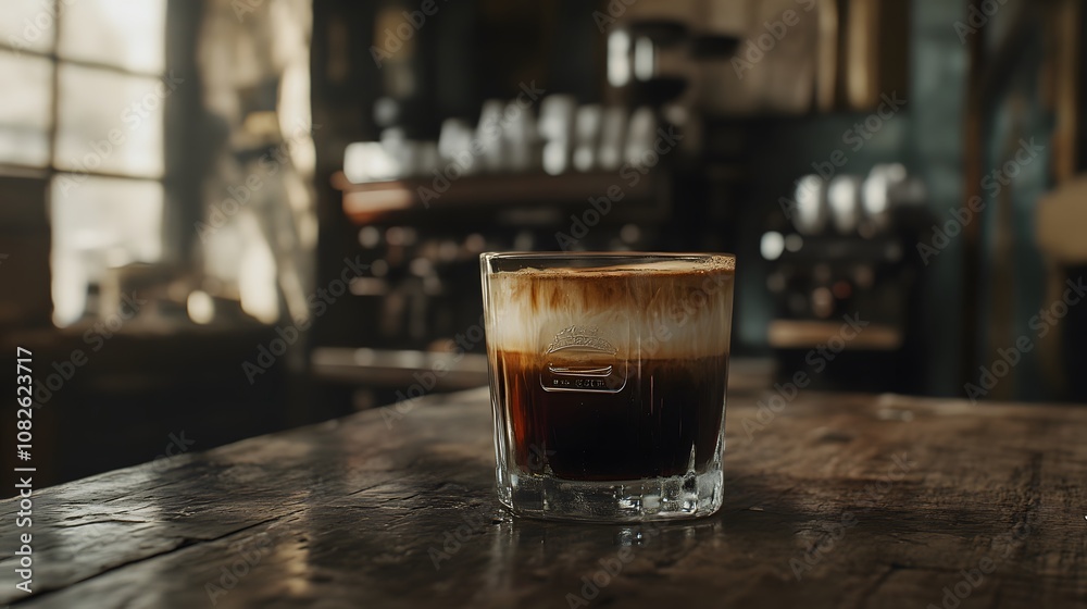 Poster a high-resolution view of a glass of rich espresso with a perfect layer of crema on top, set against