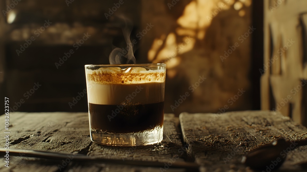 Poster a high-resolution view of a glass of rich espresso with a perfect layer of crema on top, set against