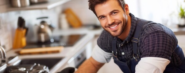 Smiling plumber in uniform, kneeling by a kitchen sink, tightening connections, plumber installation, home plumbing services